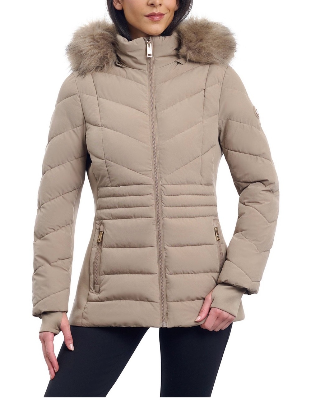 MICHAEL KORS Tan Faux Fur Trim Hood Puffer Jacket w/Belt